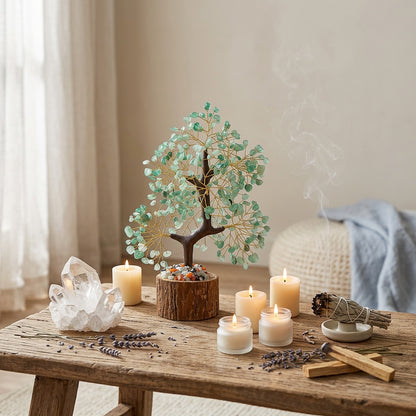 Natural crystal tree with wood stump base, feng shui decoration