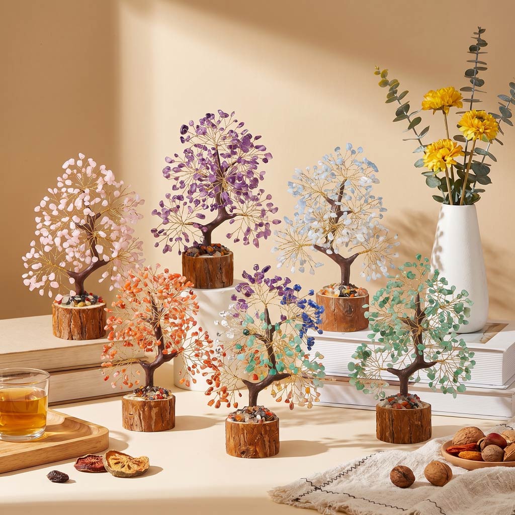 Natural crystal tree with wood stump base, feng shui decoration