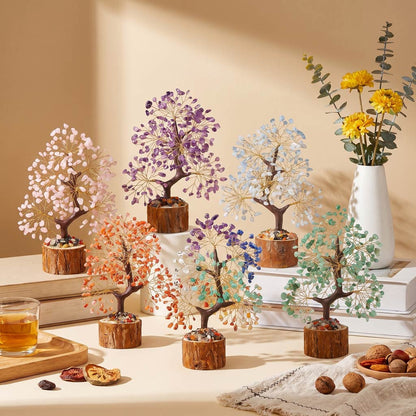 Natural crystal tree with wood stump base, feng shui decoration