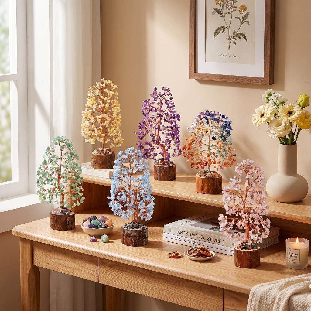 Natural crystal tree with wood stump base, feng shui decoration