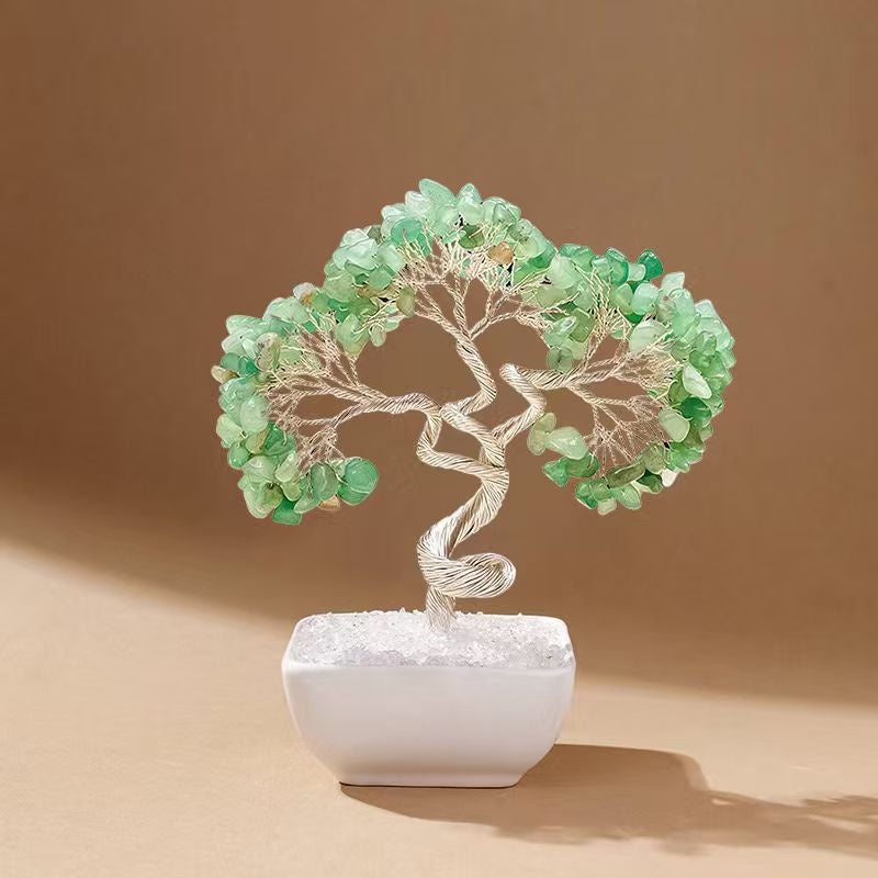Natural green aventurine crystal tree with ceramic base, feng shui decoration