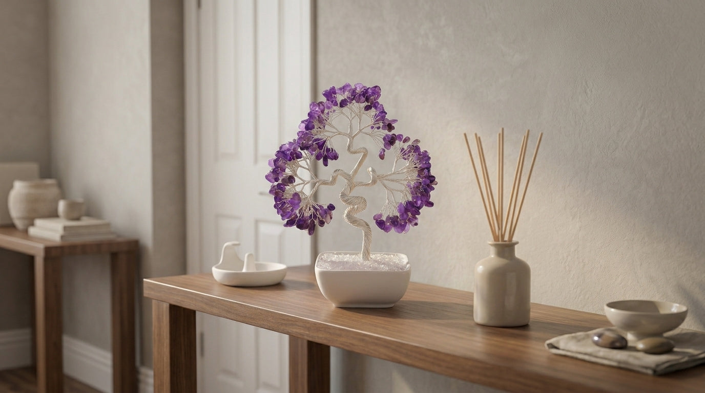 Natural crystal tree with ceramic base, feng shui decoration