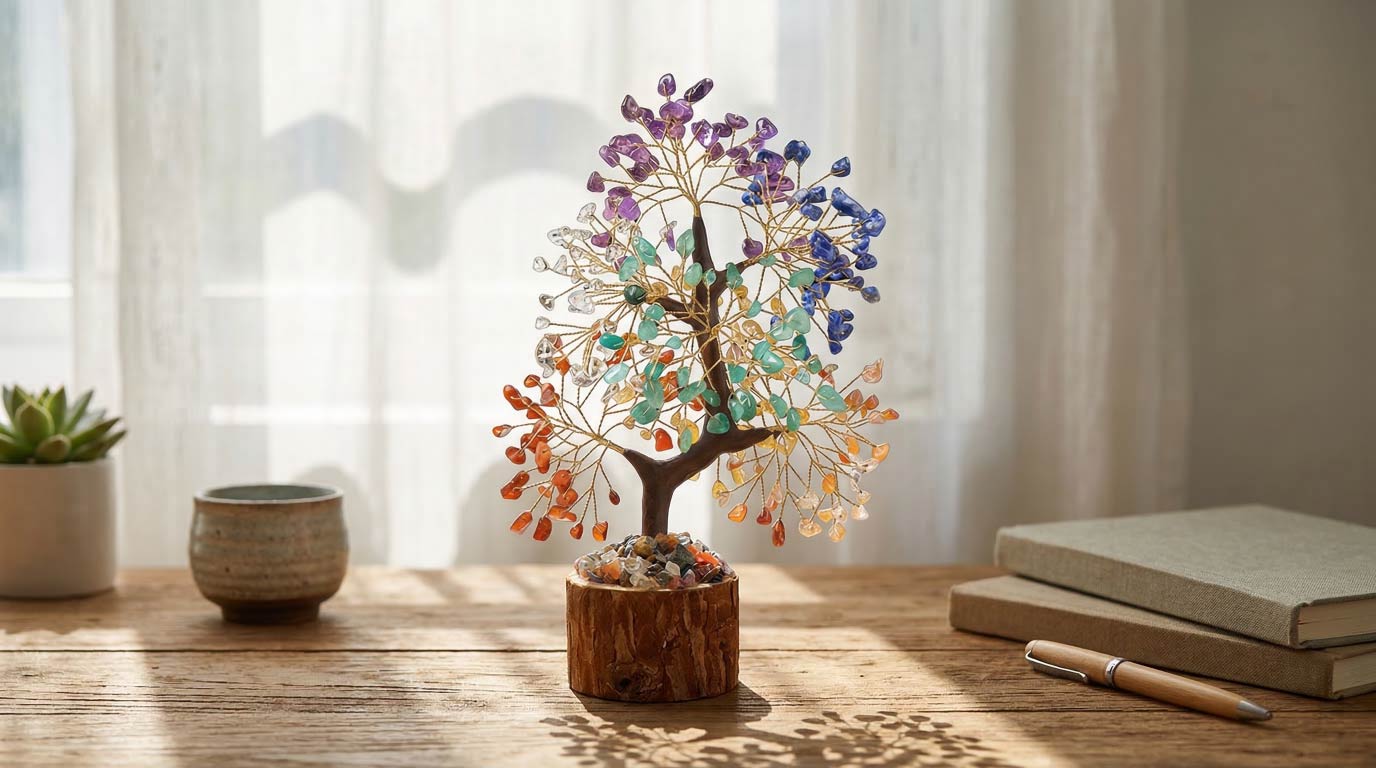 Natural crystal tree with wood stump base, feng shui decoration