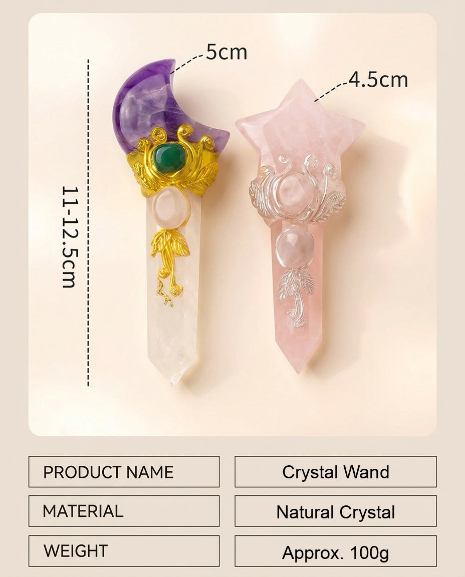 natural amethyst moon crystal wand and rose quartz star crystal wand