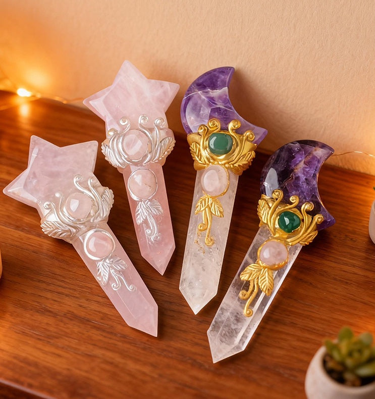 natural amethyst moon crystal wand and rose quartz star crystal wand