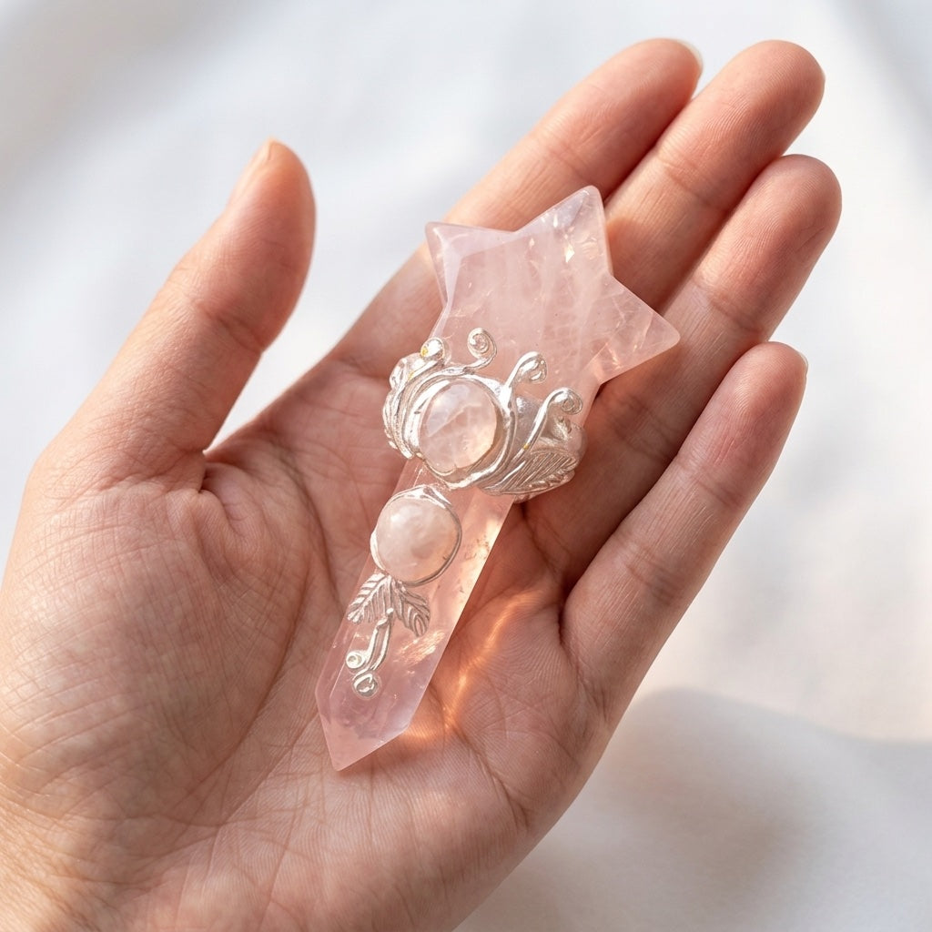 natural rose quartz star crystal wand 