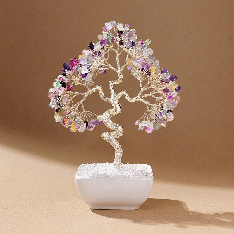 Natural rainbow fluorite crystal tree with ceramic base, feng shui decoration