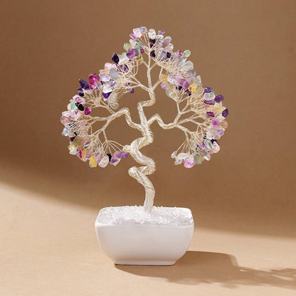 Natural rainbow fluorite crystal tree with ceramic base, feng shui decoration