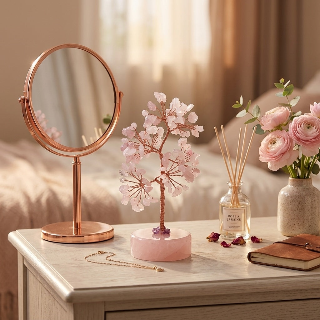 Rose Quartz Crystal Lucky Tree, Love & Healing Bedroom Decoration