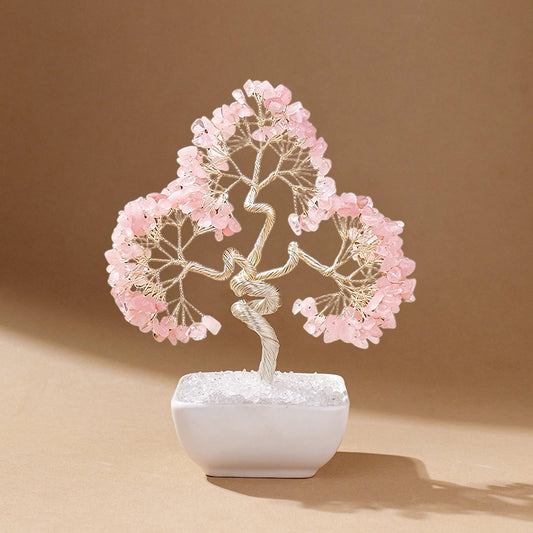 Natural rose quartz crystal tree with ceramic base, feng shui decoration