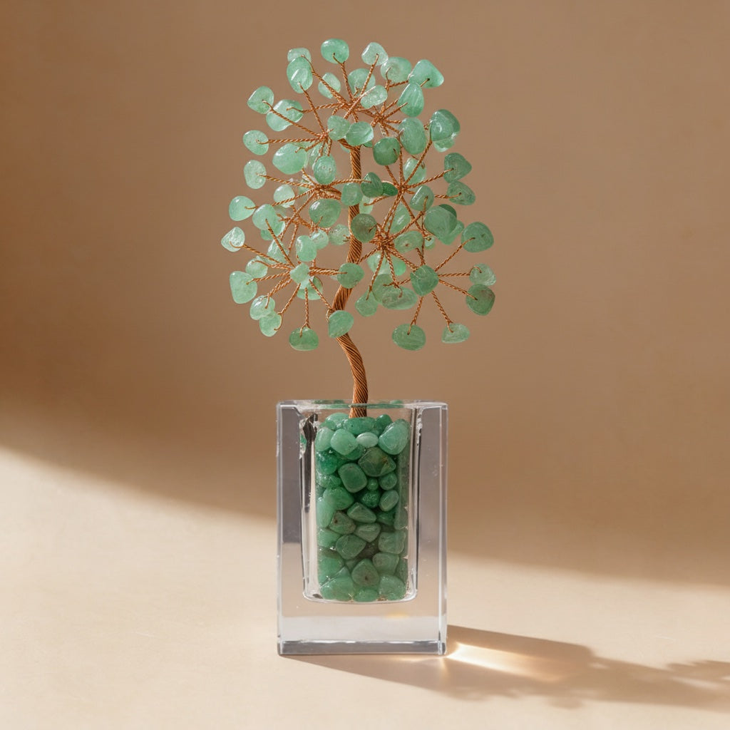 Natural green aventurine crystal tree clear glass base, feng shui decoration