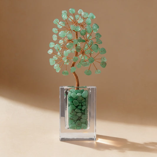 Natural green aventurine crystal tree clear glass base, feng shui decoration
