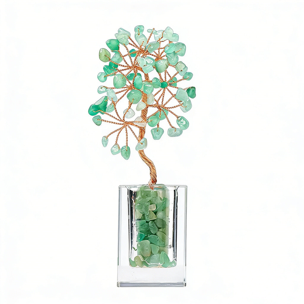 Natural green aventurine crystal tree clear glass base, feng shui decoration