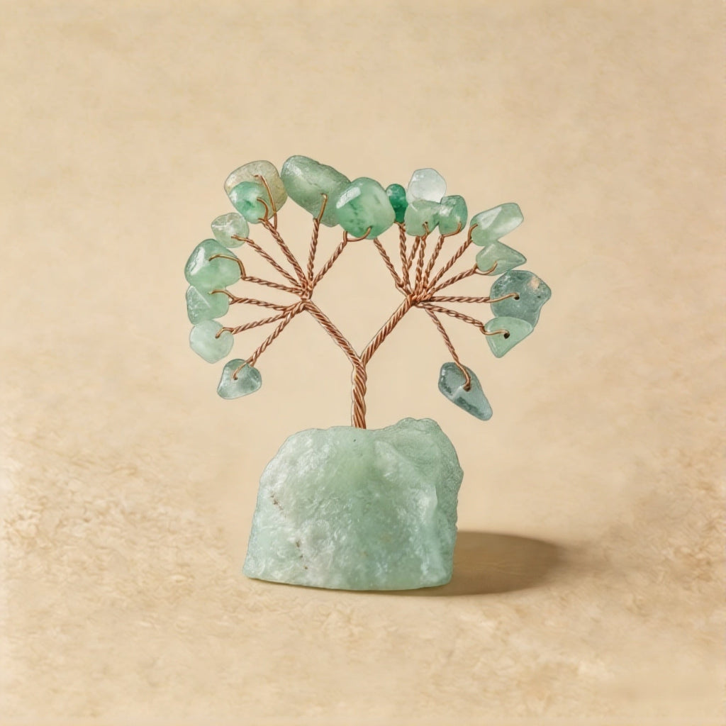 Natural green aventurine crystal tree mini raw stone base, feng shui decoration