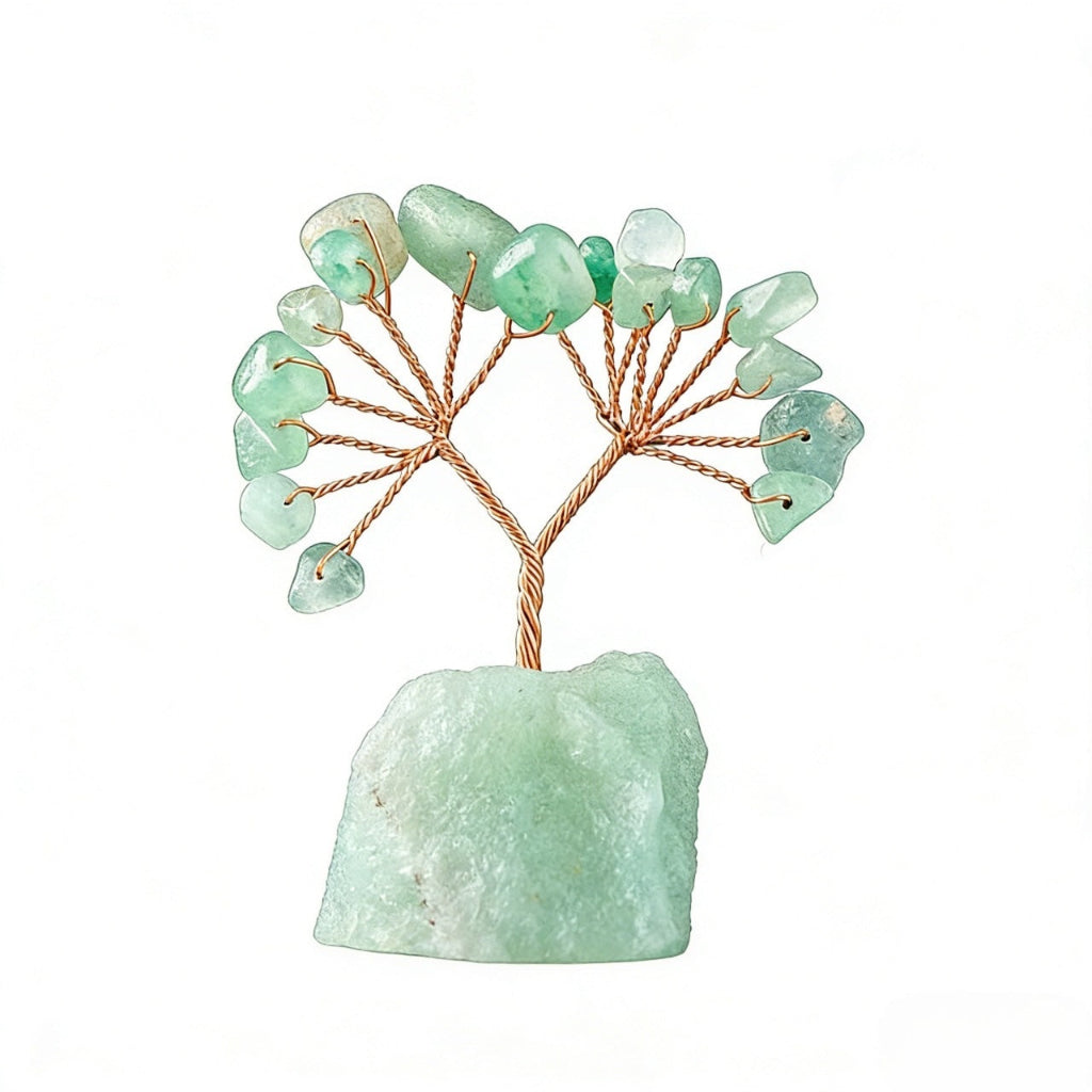 Natural green aventurine crystal tree mini raw stone base, feng shui decoration