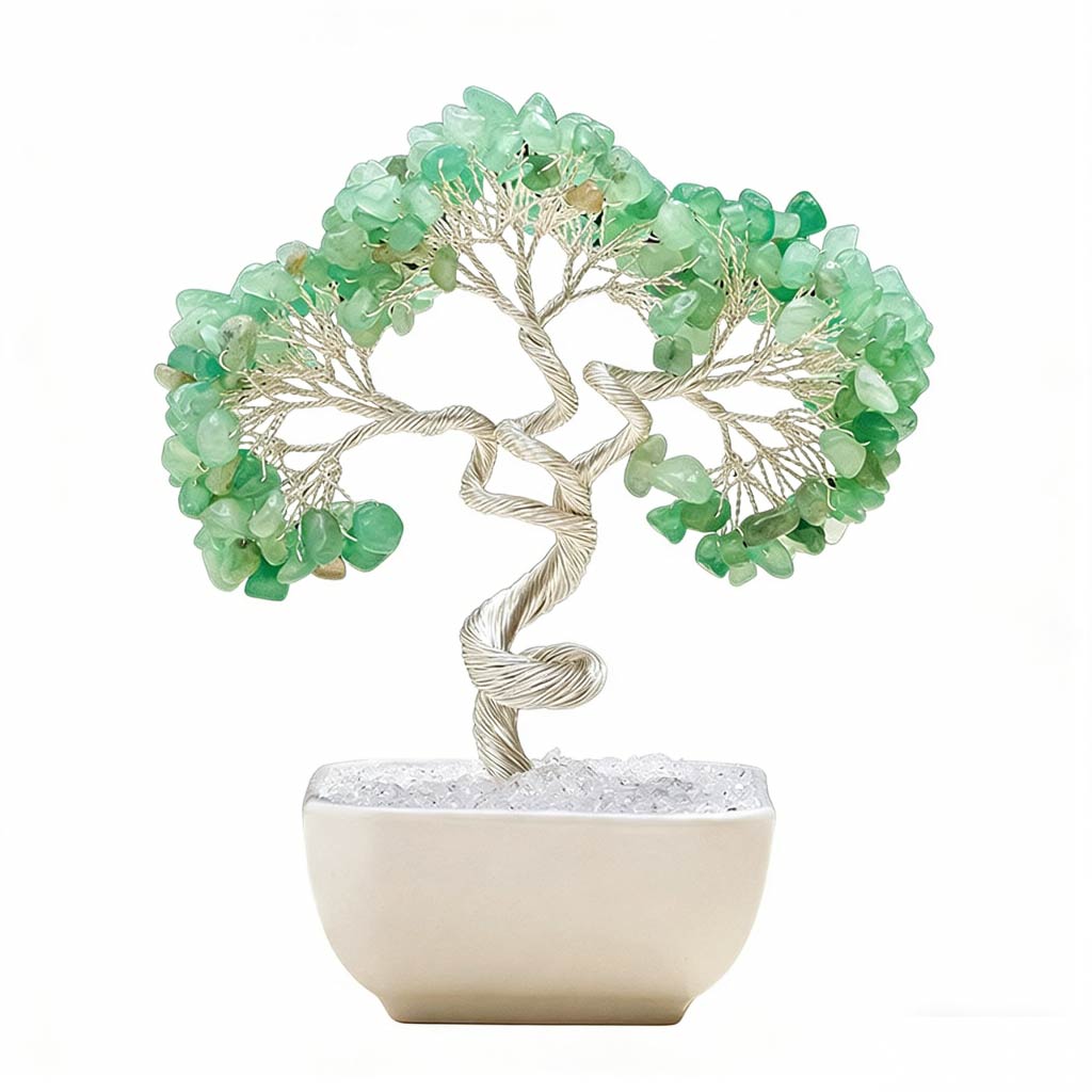 Natural green aventurine crystal tree with ceramic base, feng shui decoration
