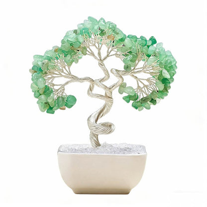 Natural green aventurine crystal tree with ceramic base, feng shui decoration