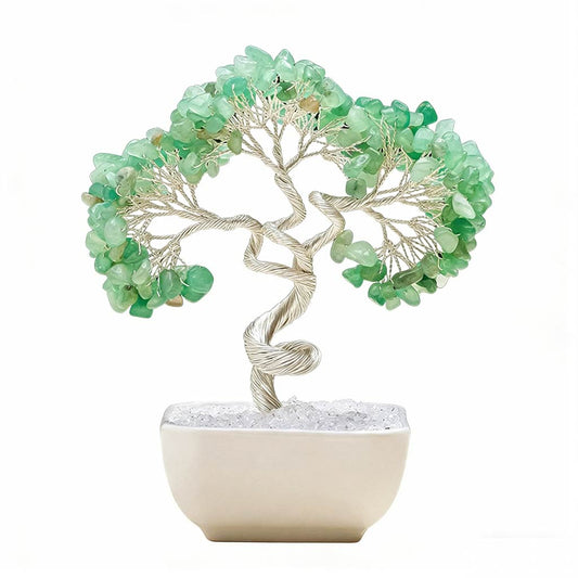 Natural green aventurine crystal tree with ceramic base, feng shui decoration