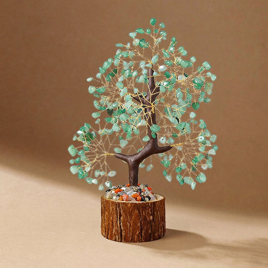 Natural green aventurine crystal tree with wood stump base, feng shui decoration