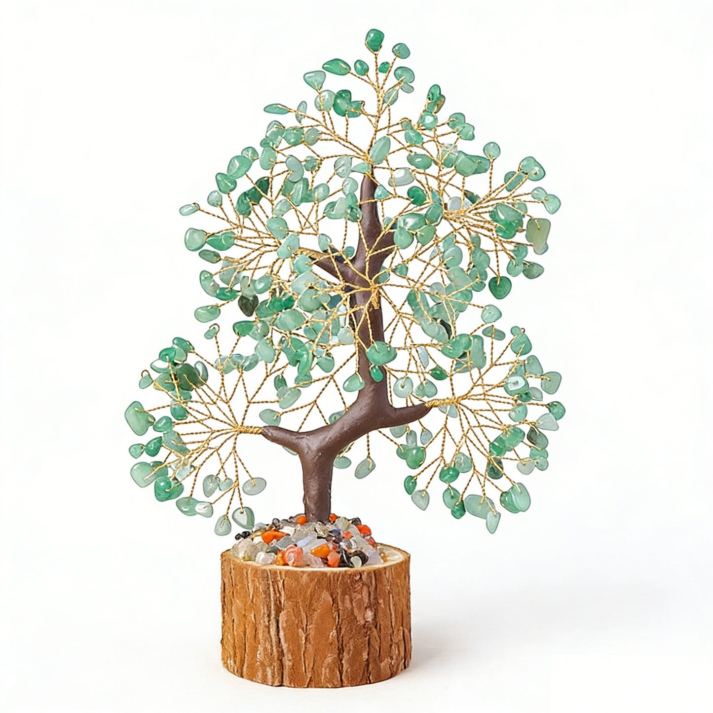 Natural green aventurine crystal tree with wood stump base, feng shui decoration