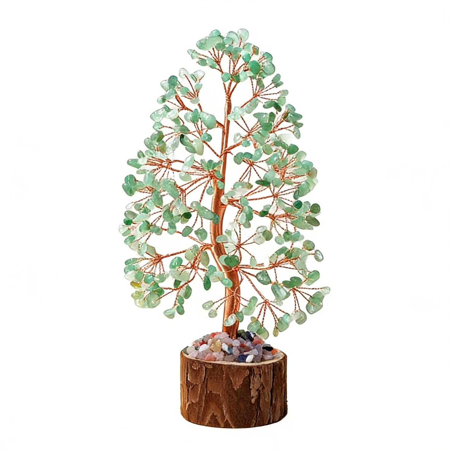 Natural green aventurine crystal tree with wood stump base, feng shui decoration