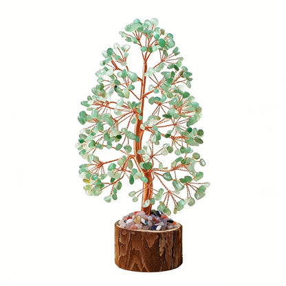 Natural green aventurine crystal tree with wood stump base, feng shui decoration