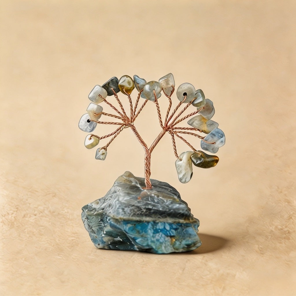 Natural labradorite crystal tree mini raw stone base, feng shui decoration
