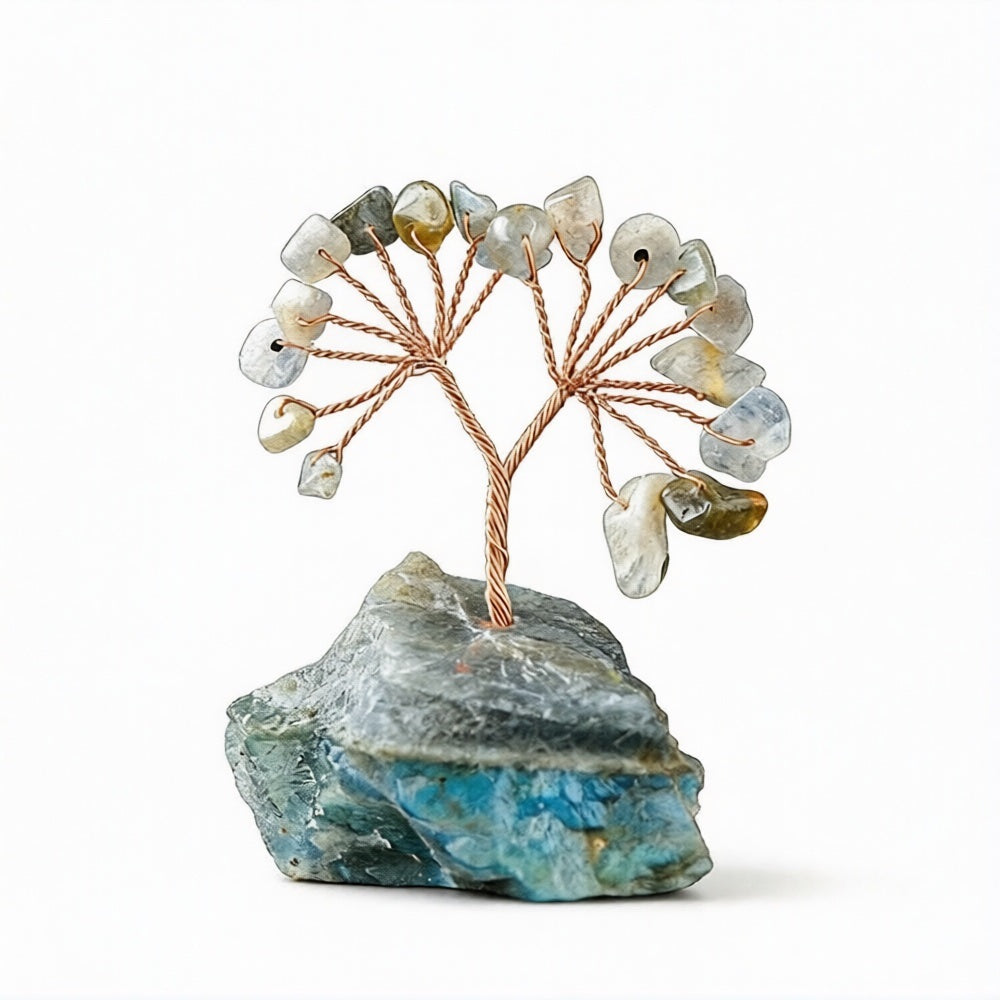 Natural labradorite crystal tree mini raw stone base, feng shui decoration