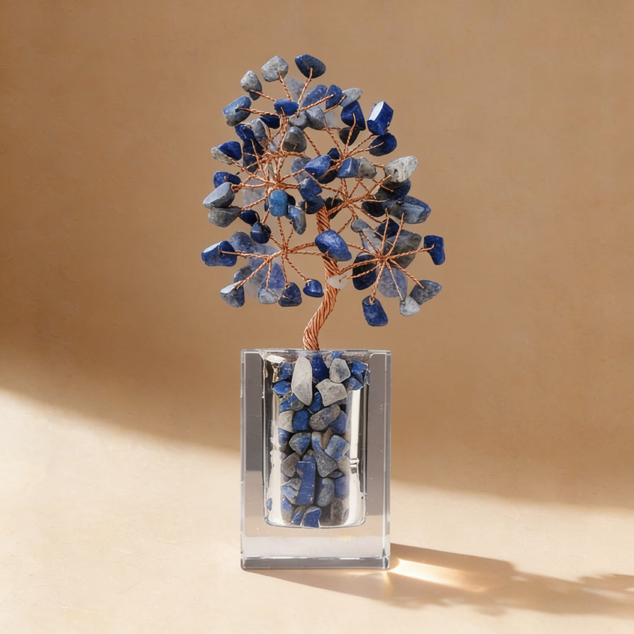 Natural lapis lazuli crystal tree clear glass base, feng shui decoration