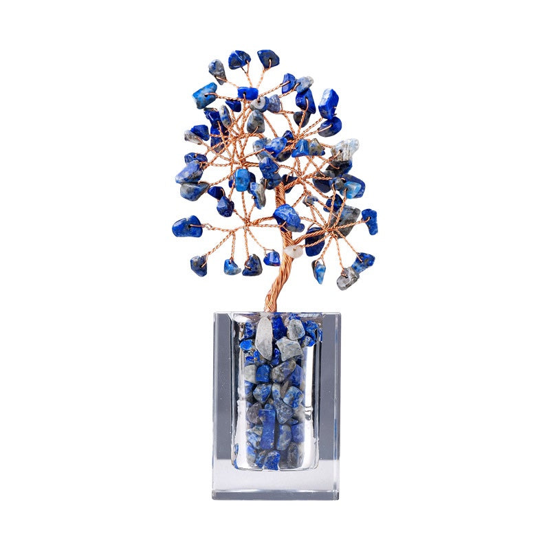 Natural lapis lazuli crystal tree clear glass base, feng shui decoration
