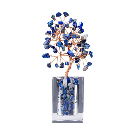Natural lapis lazuli crystal tree clear glass base, feng shui decoration