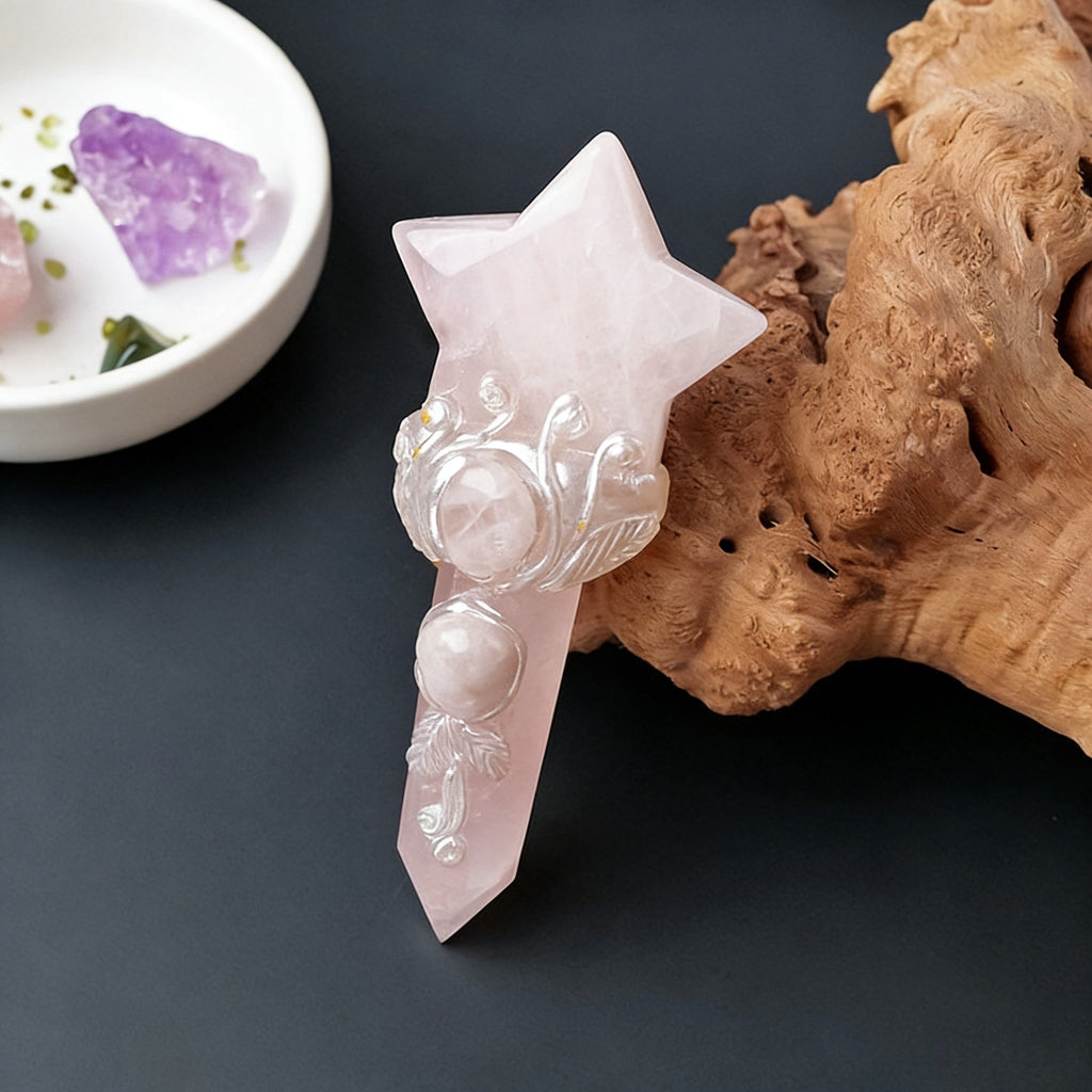 natural rose quartz star crystal wand 
