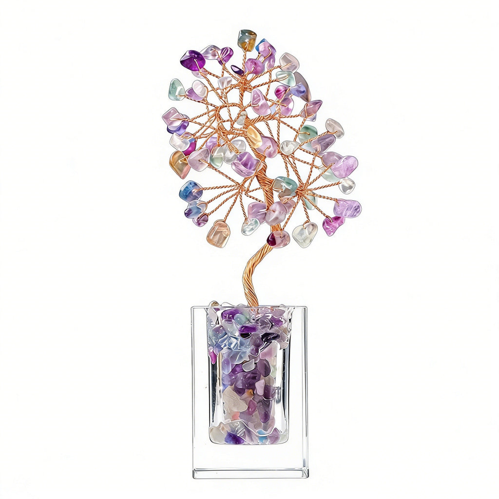 Natural rainbow fluorite crystal tree clear glass base, feng shui decoration