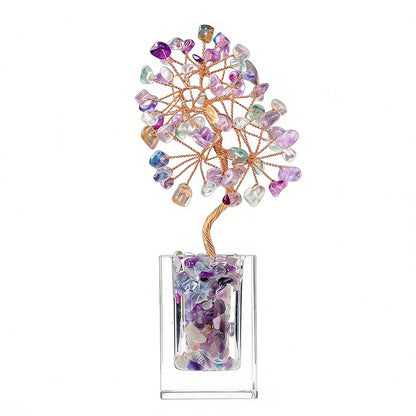 Natural rainbow fluorite crystal tree clear glass base, feng shui decoration