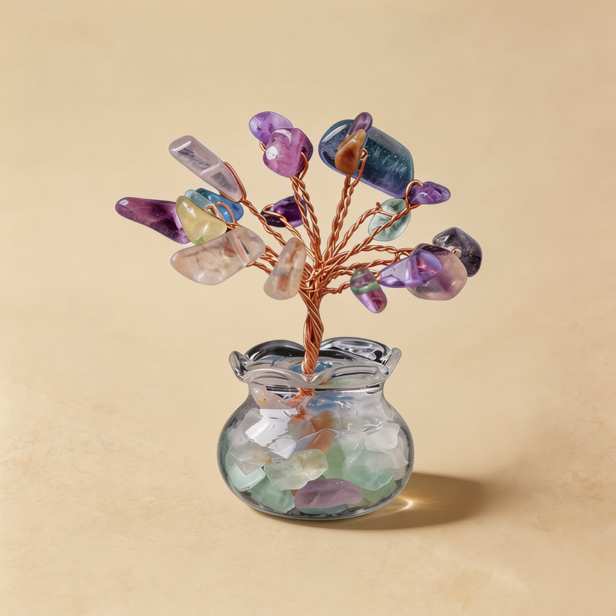 Natural rainbow fluorite crystal tree mini treasure bowl, feng shui decoration