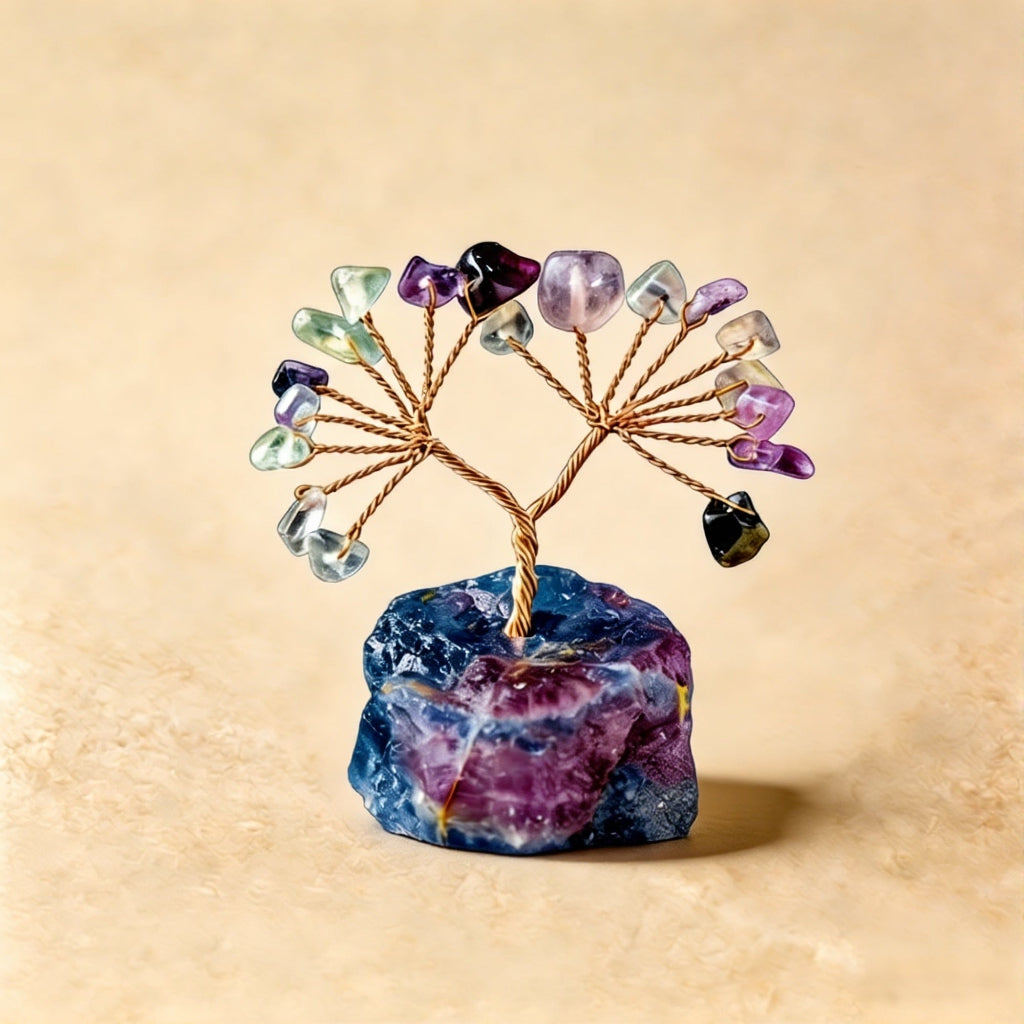 Natural rainbow fluorite crystal tree mini raw stone base, feng shui decoration