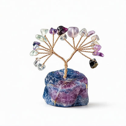 Natural rainbow fluorite crystal tree mini raw stone base, feng shui decoration