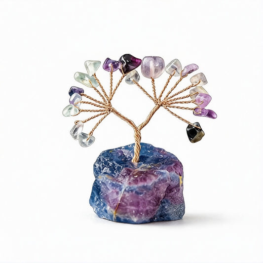 Natural rainbow fluorite crystal tree mini raw stone base, feng shui decoration