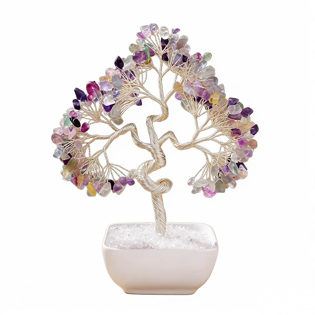 Natural rainbow fluorite crystal tree with ceramic base, feng shui decoration