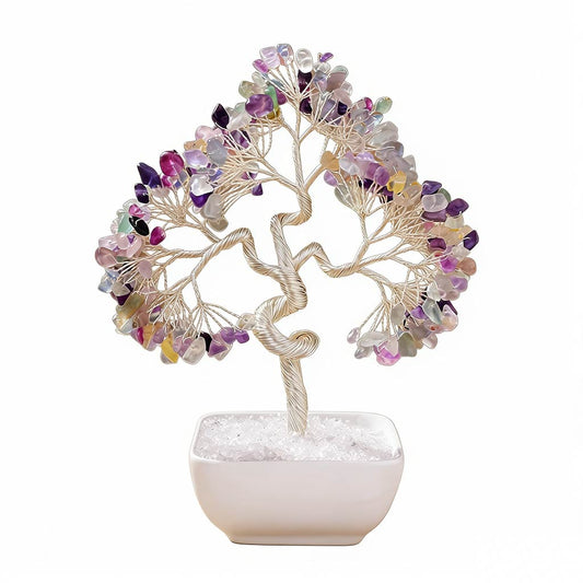 Natural rainbow fluorite crystal tree with ceramic base, feng shui decoration