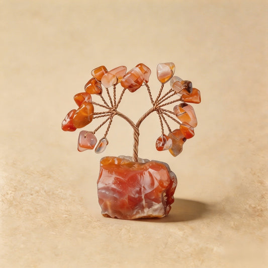 Natural red agate crystal tree mini raw stone base, feng shui decoration