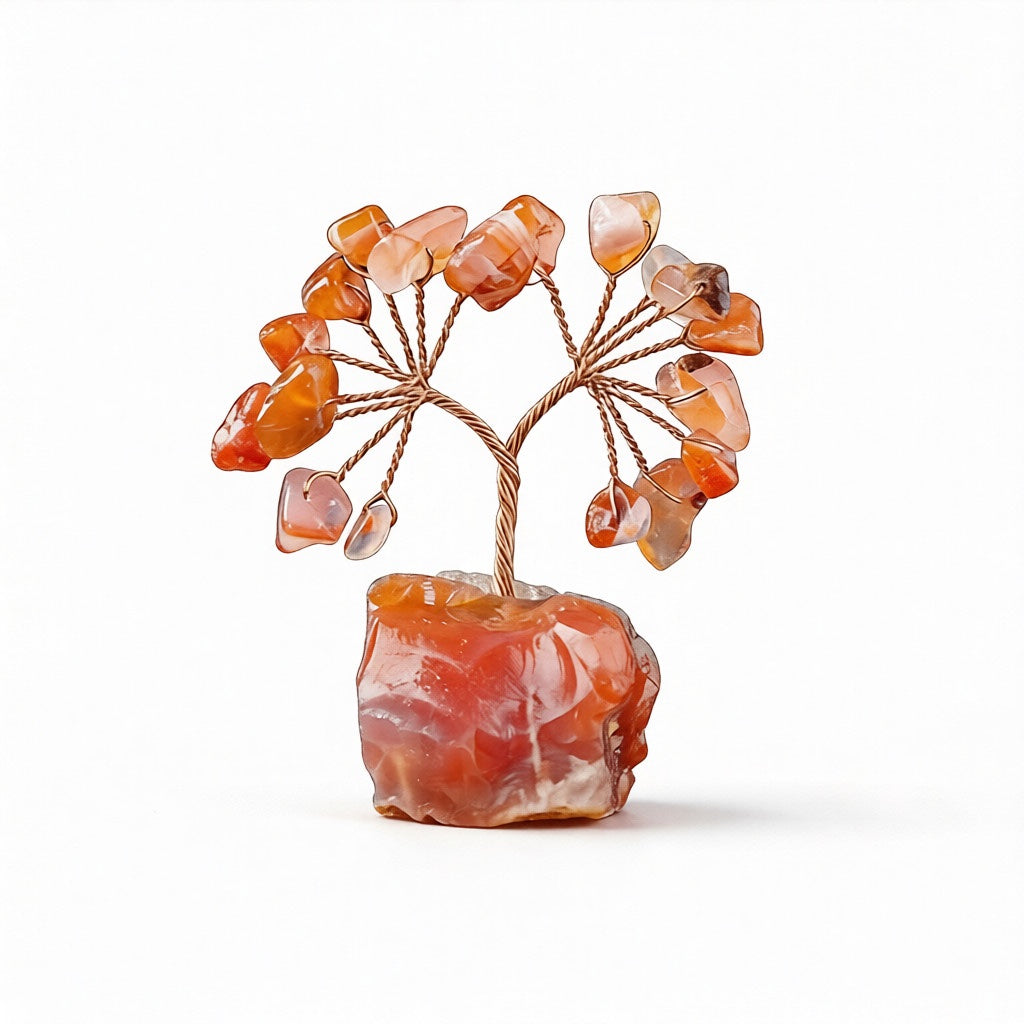 Natural red agate crystal tree mini raw stone base, feng shui decoration