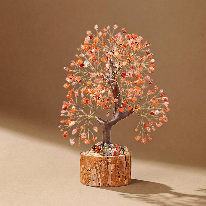 Natural red agate crystal tree with wood stump base, feng shui decoration