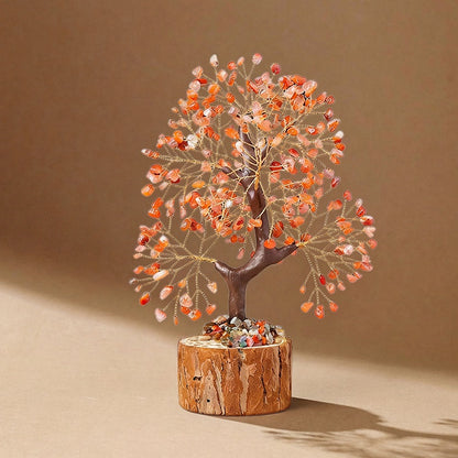 Natural red agate crystal tree with wood stump base, feng shui decoration