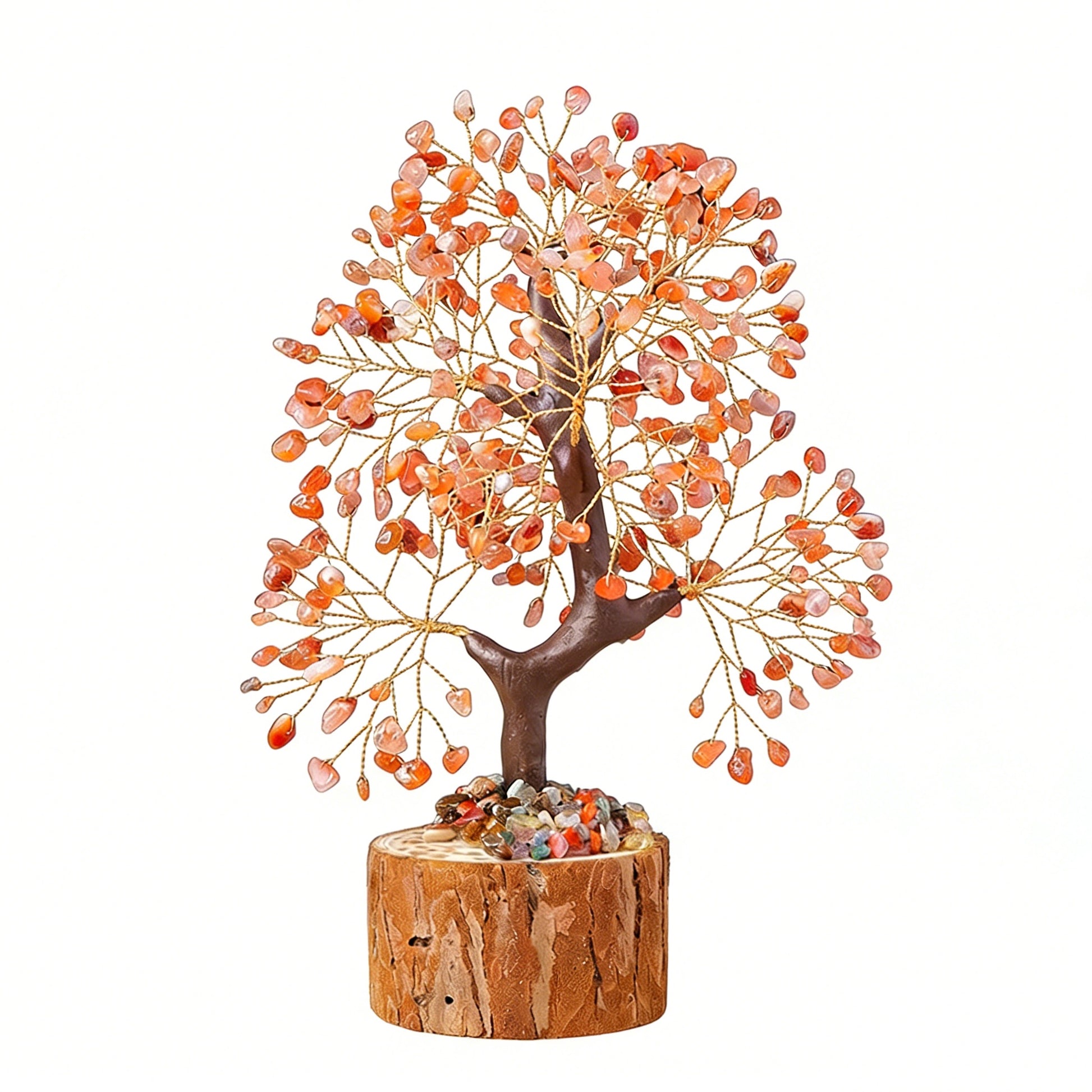Natural red agate crystal tree with wood stump base, feng shui decoration