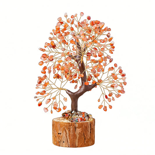 Natural red agate crystal tree with wood stump base, feng shui decoration