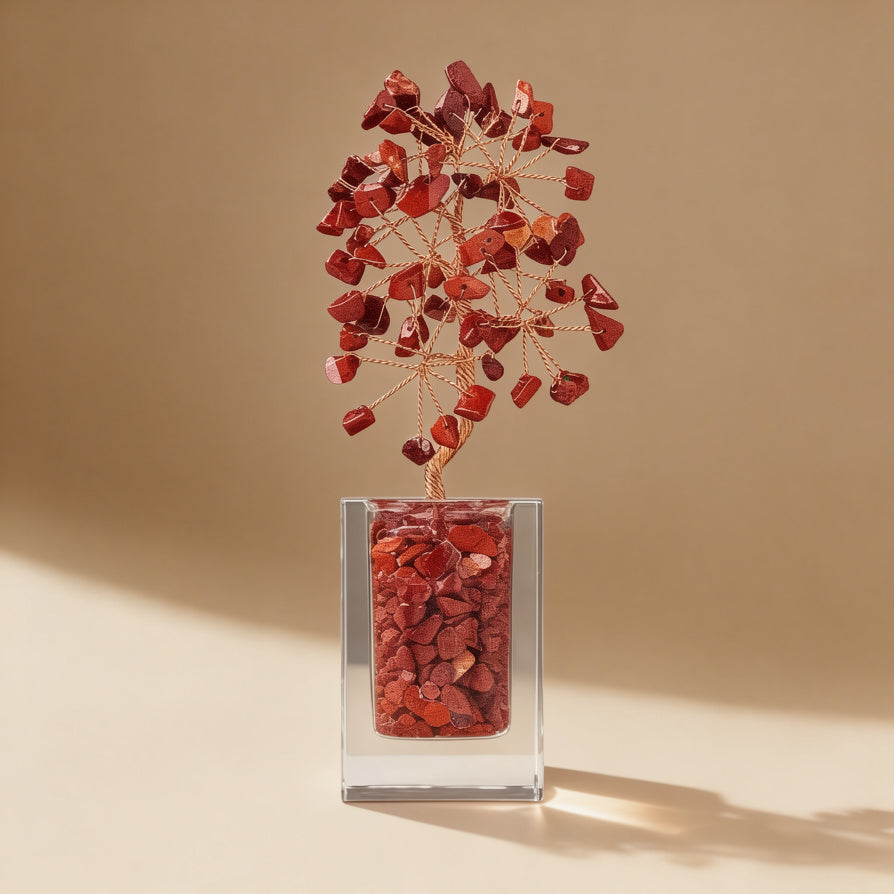 Natural red jasper crystal tree clear glass base, feng shui decoration
