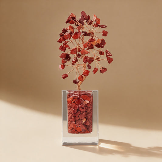 Natural red jasper crystal tree clear glass base, feng shui decoration