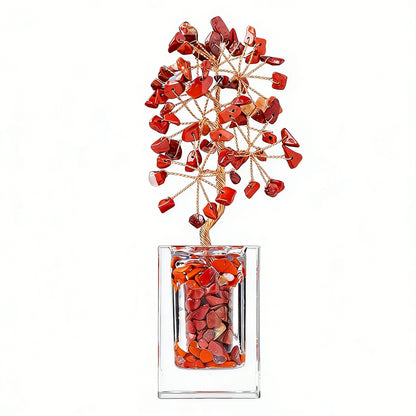 Natural red jasper crystal tree clear glass base, feng shui decoration
