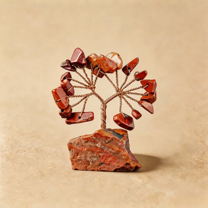 Natural red jasper crystal tree mini raw stone base, feng shui decoration